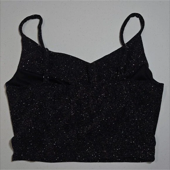 Vtg 90s Mesh Crop Tank Top M Medium Black Whimsigoth Sparkle Glitter Cowl - Picture 5 of 8